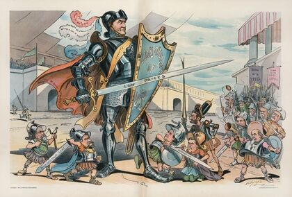 An unequal contest; they can find no flaw in his armor