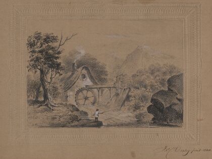 Angling scene with waterwheel in background (1840)