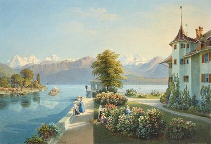 Ansicht vom Thunersee mit Berner Alpen und Schloss Schadau (1915-1945)