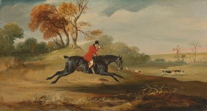 Anthony Adrian, 7th Earl of Kintore on Tom of Lincoln, hunting in an extensive landscape