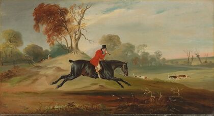 Anthony Adrian, 7th Earl of Kintore on Tom of Lincoln, hunting in an extensive landscape