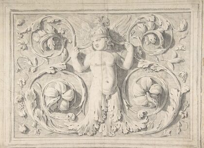 Antique Roman Sculpture with Nude Winged Boy at the Center and Leaves and Vines