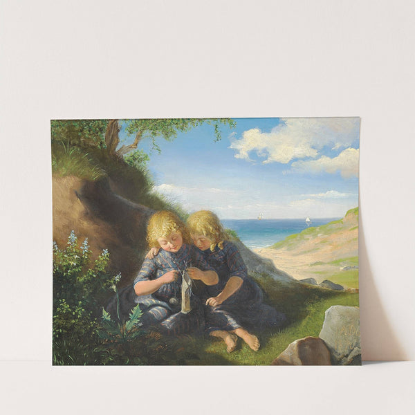 Arbejdsiver. To tvillingepiger siddende i en klit med strikketøjet by Anton Dorph