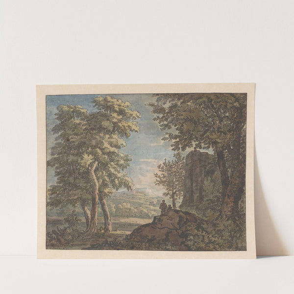 Arcadisch landschap met antiek bouwval en twee mannen by Jacob van Liender