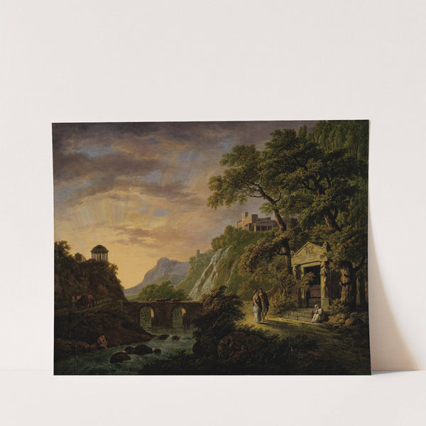 Arcadisch landschap met ondergaande zon by Daniël Dupré