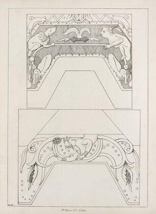 Architectural elements with figures, dogs, and corn