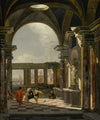 Architectural interior with foreign shippers, ruins and a shipyard beyond
