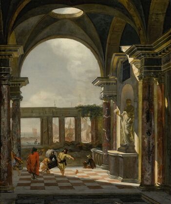Architectural interior with foreign shippers, ruins and a shipyard beyond