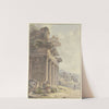 Architektonisches Capriccio; Ruinen einer Tempelfassade, im Hintergrund Landschaft mit Gebäuden und Seebucht by Victor-Jean Nicolle