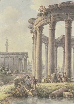 Architektonisches Capriccio, Ruinen eines Rundtempels, im Hintergrund die Trajansäule