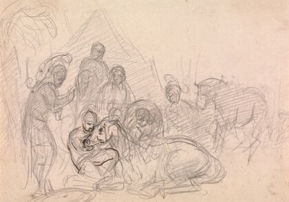 Armored men attending a fallen horse