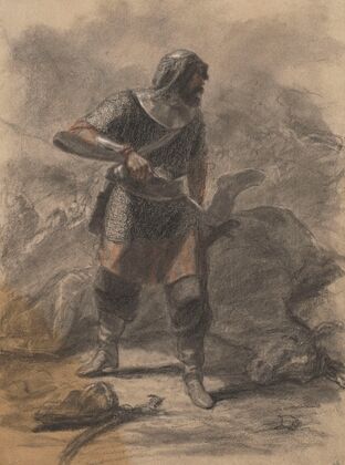 Armoured Companion with a Battle in the Background (1863)