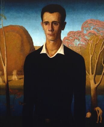 Arnold Pyle in front of a river with two skinny-dipping men