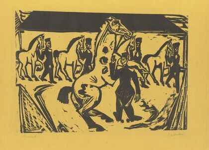 Artilleristen beim Pferdebewegen (1915)
