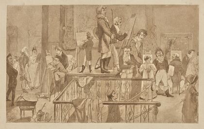 Artists painting in an exhibition of paintings at the British Institution (1884)