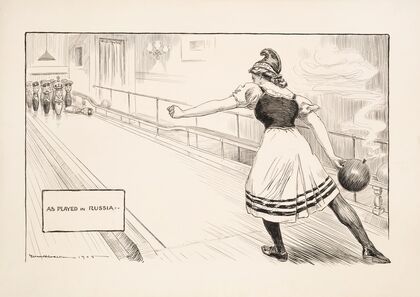 As played in Russia; a woman representing Liberty is bowling (1905)