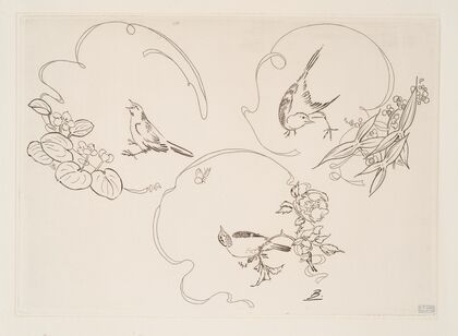 Assiette à dessert; trois motifs composés chacun d’un ruban, d’une fleur et d’un oiseau. (1866 - 1878)