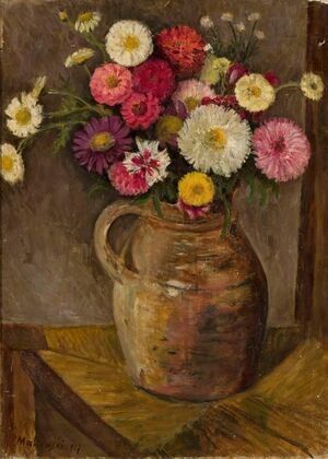 Asters and zinnias in a clay jug (1917)