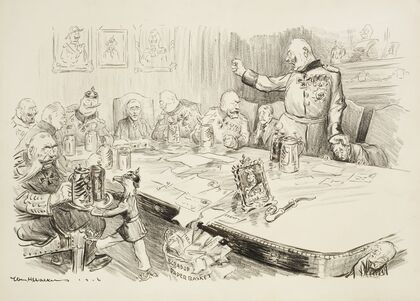 At a negotiating table, several large and angry Germans intimidate a few American diplomats (1916)