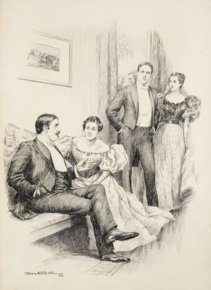 At a party, an older couple sit together while a younger couple walk passed them. (1897)