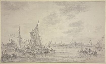 Auf einem Fluss viele Fischerbote, rechts ein Dorf