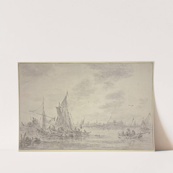 Auf einem Fluss viele Fischerbote, rechts ein Dorf by Jan van Goyen