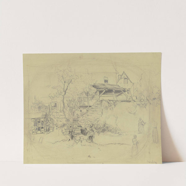 Auf einer alten Mauer ein Schuppen, eine Treppe führt hinauf, auf der eine Katze sitzt, links ein Bienenstand by Jakob Fürchtegott Dielmann