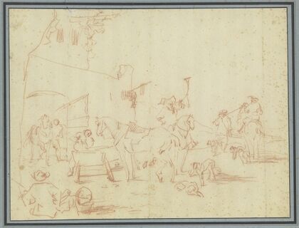 Aufbrechende Jagdgesellschaft an einem Gehöft