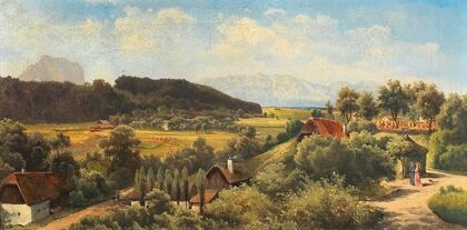 Aussicht von Schloß Wimsbach gegen das Höllengebirge und den Traunstein — size preview