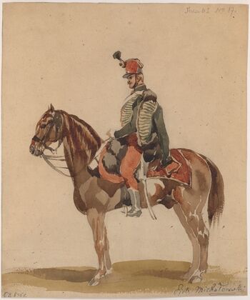 Austrian Hussar on a bay horse