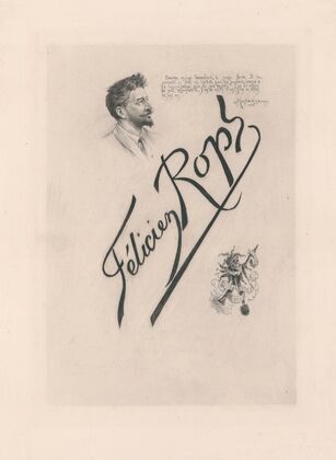 Autoportrait, devise empruntée à Montaigne, signature et sceau de Félicien Rops