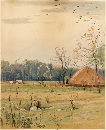 Autumn landscape with large haystack