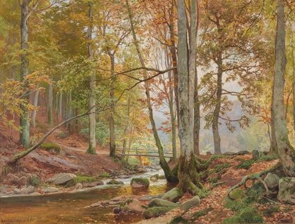 Autumn Woodland with Bridge over a Stream