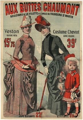 Aux Buttes Chaumont. Veston boutons métal 15f.75 – Costume cheviot garni velours (1886)