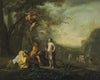 Bacchus, Venus and Ceres under a grapevine in a pastoral landscape with putti, nymphs and satyrs
