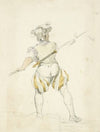 Back view of a man in pantaloons, tights and hat drawing back a spear