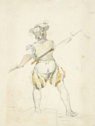 Back view of a man in pantaloons, tights and hat drawing back a spear