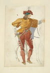 Back view of man standing beside a horse