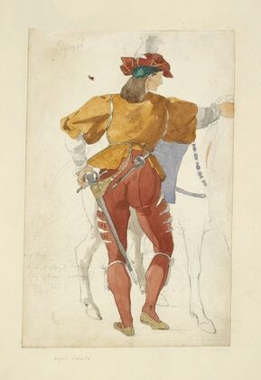 Back view of man standing beside a horse