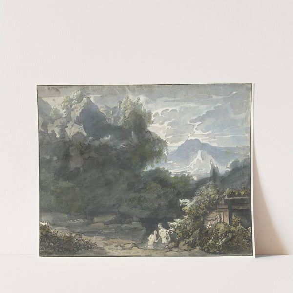 Baders bij antiek monument in bergachtig landschap by Jacob van Liender