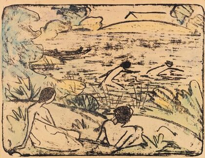 Badeszene mit vier Figuren, Haus und Boot (1914)