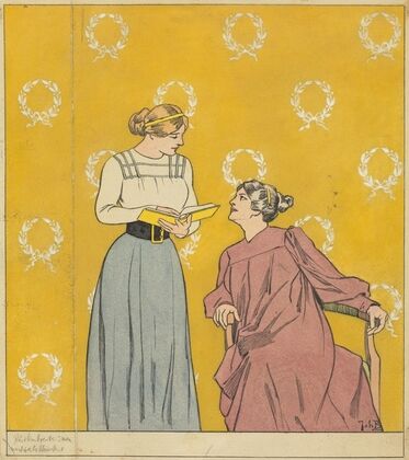 Bandontwerp met twee vrouwen met een boek