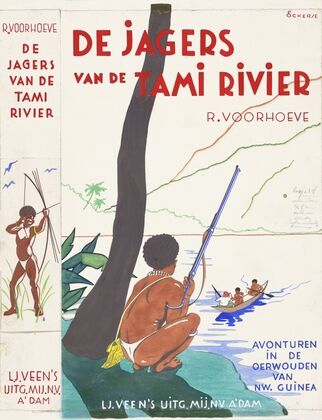 Bandontwerp voor; Rudolf Voorhoeve, De jagers van de Tamirivier; Avonturen in de oerwouden van Nieuw-Guinea, 1936 (1936)