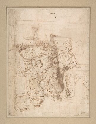 Banquet Scene; A Seated Warrior Attended by a Number of Servants