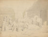 Barnyard scene with three people by well and horses