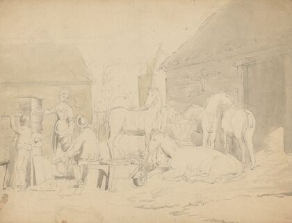 Barnyard scene with three people by well and horses