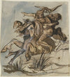 Bärtiger Mann in Begleitung eines Vogels auf einem Pferd im gestreckten Galopp, drei Gestalten suchen beide niederzuringen