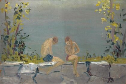 Bathing Boys on a Wall at a Lake