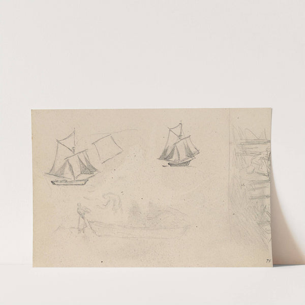 Båtstudier; riss av båt og figurer by Hans Gude