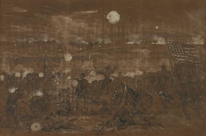 Battle of Gettysburg. Longstreet’s attack upon the left center of the Union lines. Blue Ridge in distance